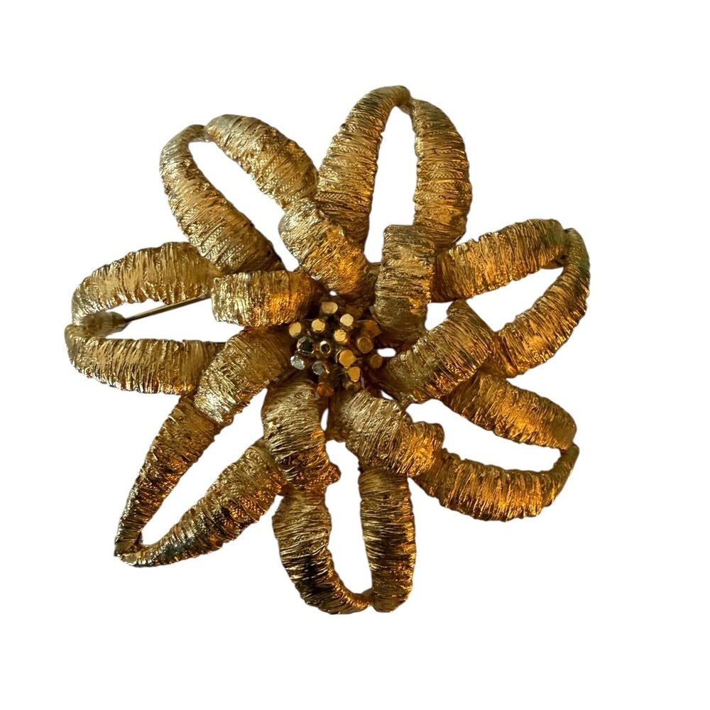 Gold Flower Brooch with Textured Looped Petals